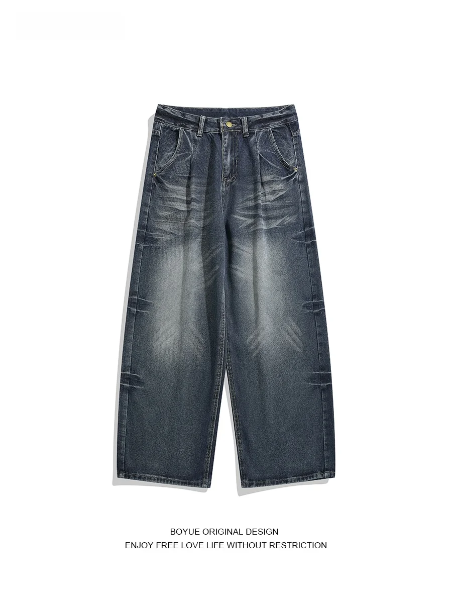 

Винтажные широкие джинсы с отворотами для мужчин, прямой крой, повседневные, из хлопкового денима, молодежный стиль