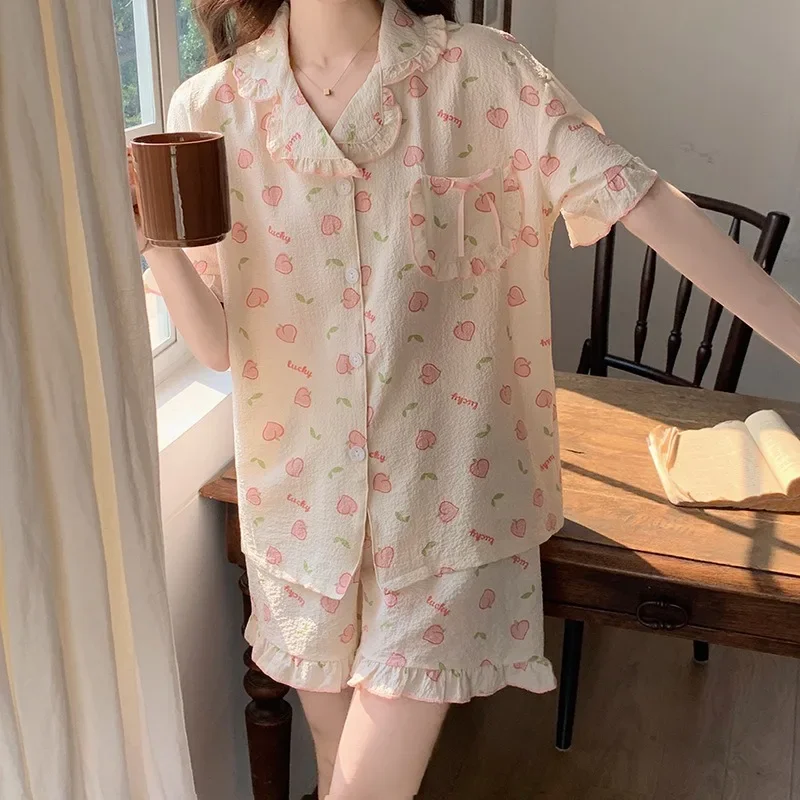 Pajama Sets Women Summer Peter Pan Collar Ruffles Designed Sweet Girls Korean Style Lovely Students Elastic Waist 3XL-6XL Chic