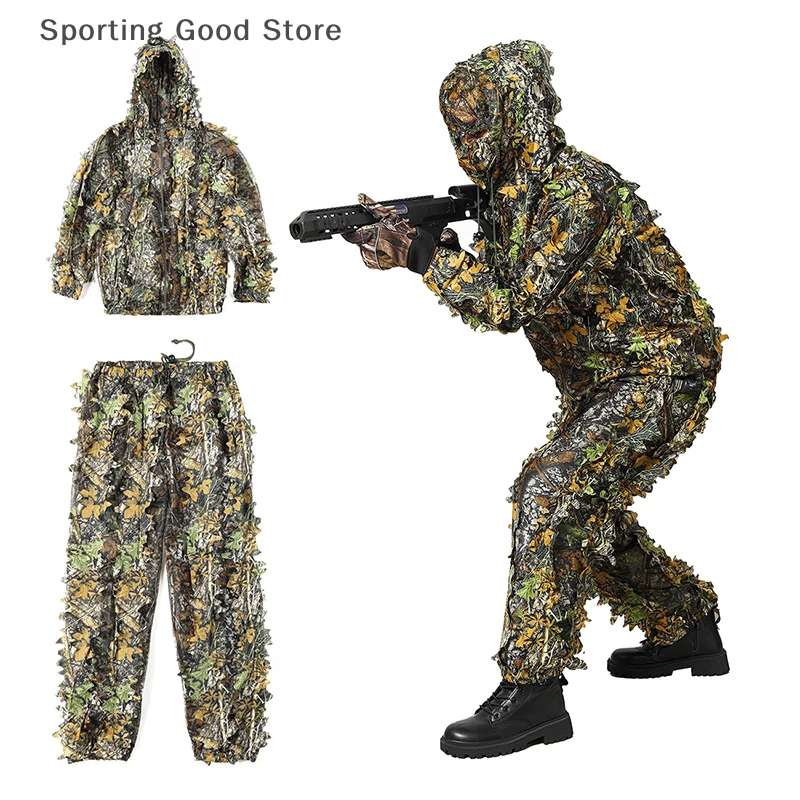 Men Women Kids Outdoor Ghillie Suit Camouflage Clothes Jungle Suit CS Training Leaves Clothing Hunting Suit Pants Hooded Jacket