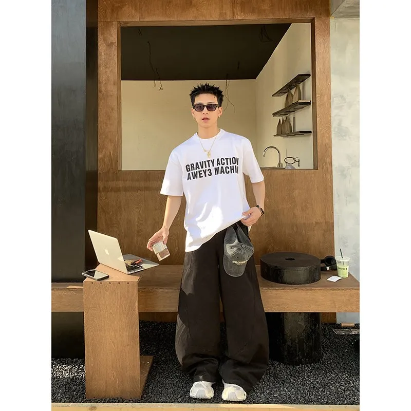 

Футболка PLTH в американском ретро-стиле, летняя, плотная, с коротким рукавом, с принтом-надписью, повседневная, свободного кроя, с круглым вырезом, топ