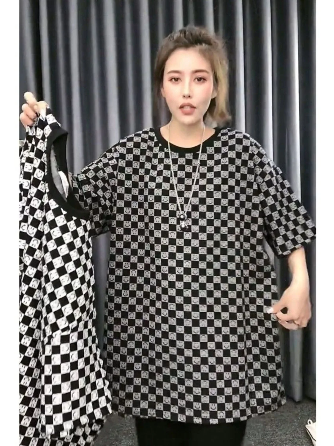 

plus Size Women's T-Shirt Summer Casual Loose Plaid Short Sleeve Top Slimming Effect European Style plus Size Fashion Korean ...
