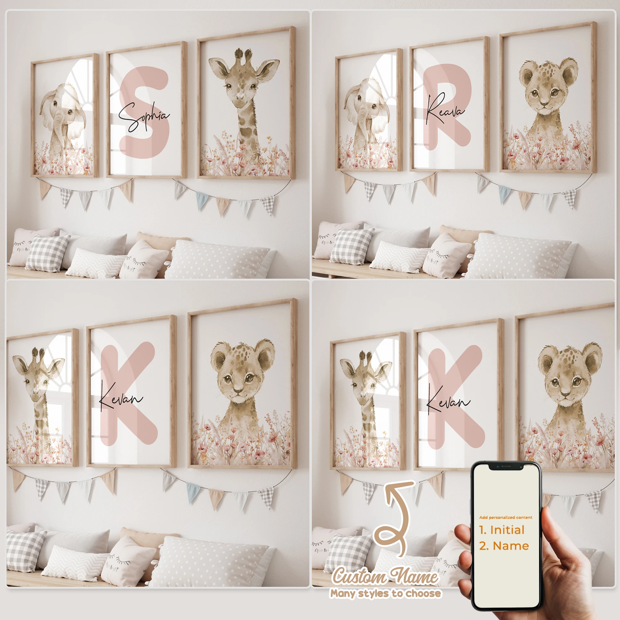 3 Stück personalisierte benutzerdefinierte Name Cartoon Wald Tiere Wand Kunstdruck Bild für Wohnzimmer Kinder Mädchen Zimmer Home Decor Geschenk