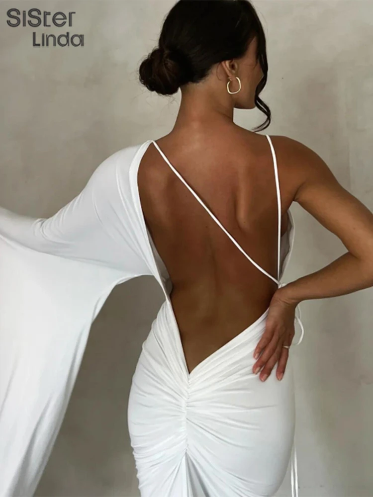 

Sisterlinda Sexy Backless Bandage Elegant Maxi Dress Women Deep V Neck One Shoulder Cleavage Bodycon Robes Female Party Clubwear