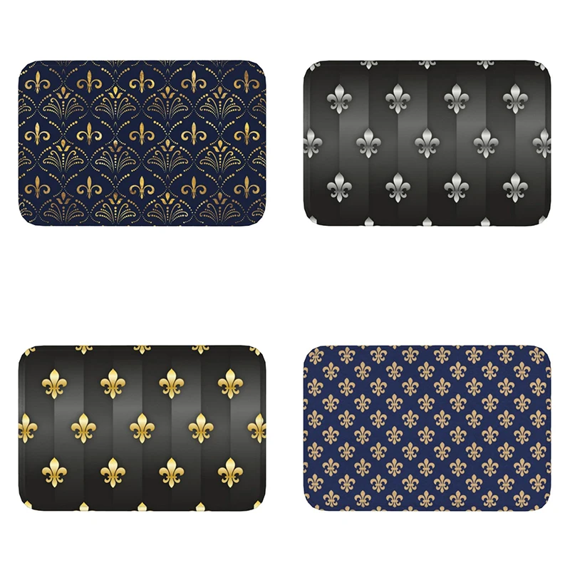 Lily Flower Fleur De Lys Pattern Floor Door Kitchen Bathroom Mat Anti-Slip Fleur-de-lis   Balcony Entrance Rug