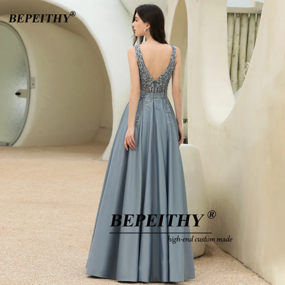 BEPEITHY Customized A-Line Gray Blue Prom Dresses Evening Dress Elegant Sleeveless V Neck Romantic Formal Dresses For Women 2023