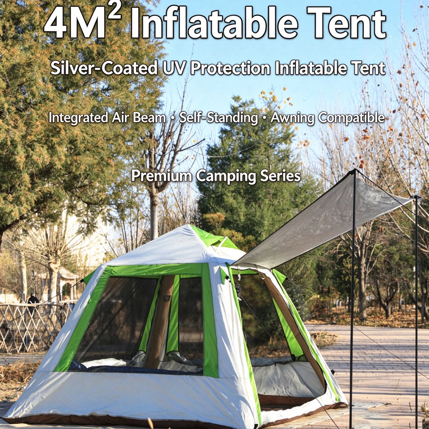 New 4㎡ Oxford Inflatable Tent with Mosquito Mesh & Convertible Awning for Family 2 Person Blow Up Air Beam Outdoor Camping Tent
