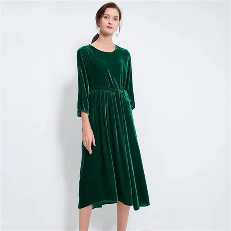 2024 nuovo vestito in velluto stile coreano di alta qualità donna autunno inverno Vintage Casual Dress allentato Slim Midi Vestidos Elegante Mujer