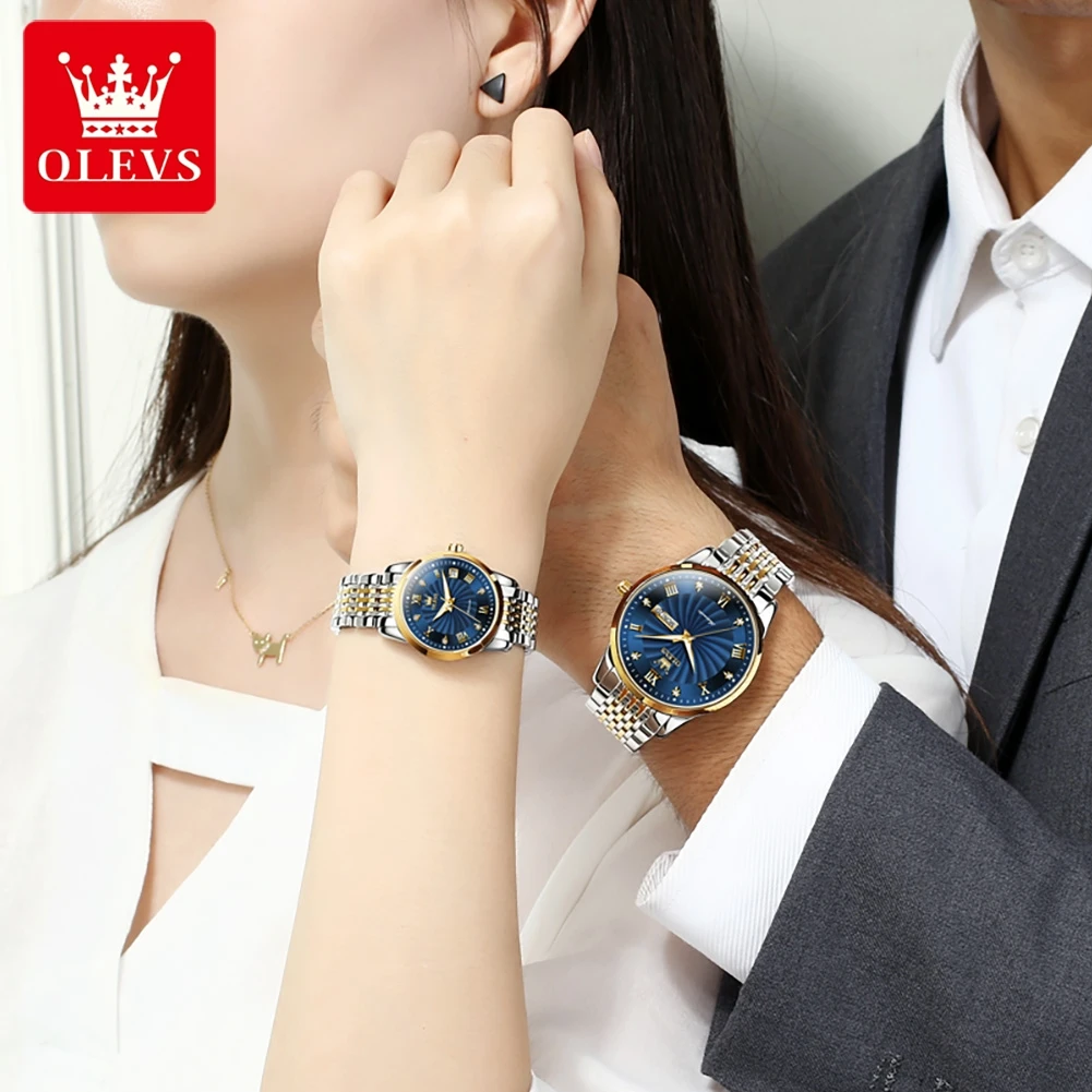 OLEVS Couple Watch Automatic Mechanical Diamond Roman Calendar Wristwatch Fashion Whirlwind Dial Watch Lover Gift His or Her