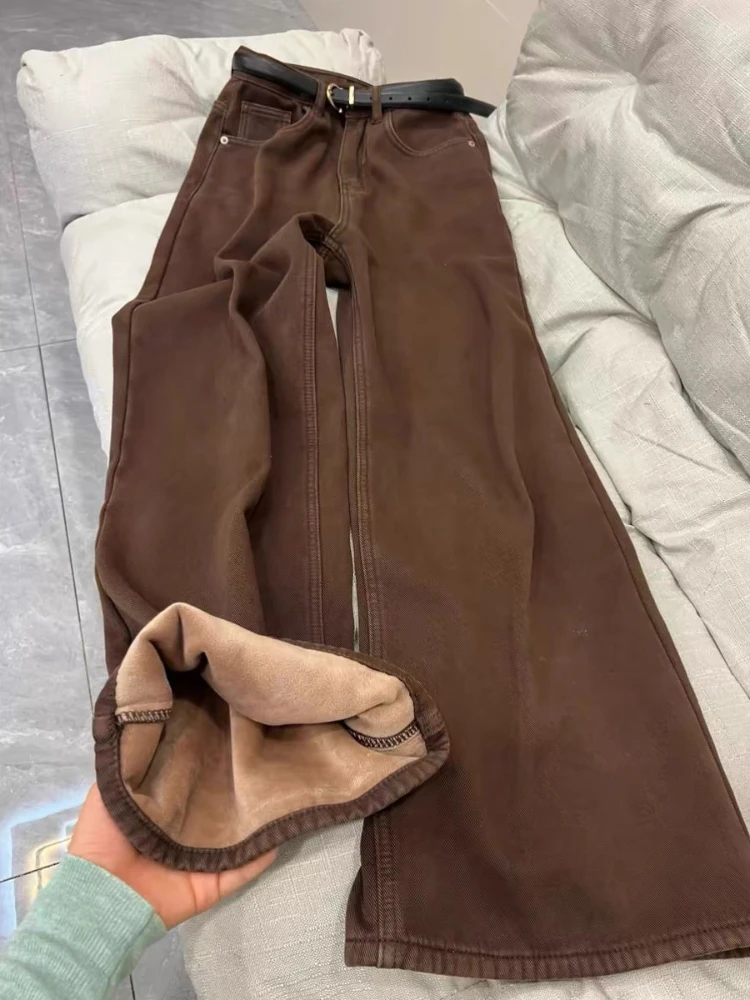 

Vintage Fleece Wide Leg Jeans Women Winter High Waist Loose Straight Warm Pants Women's Clothing