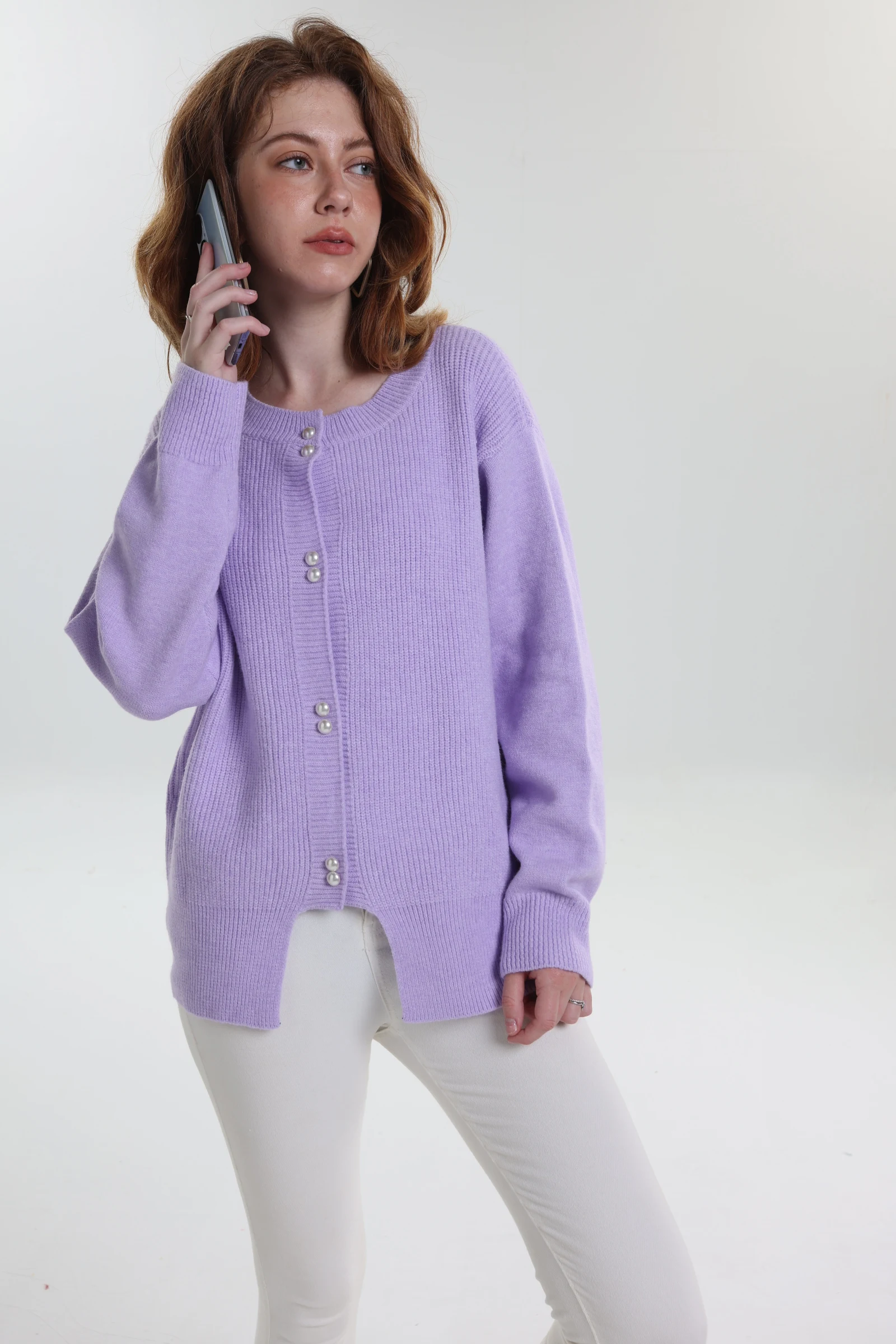 

Women's Plus Size Knit Cardigan Loose Lazy Fit Autumn Winter Sweet Misty Purple Pearl Button Sweater Coat