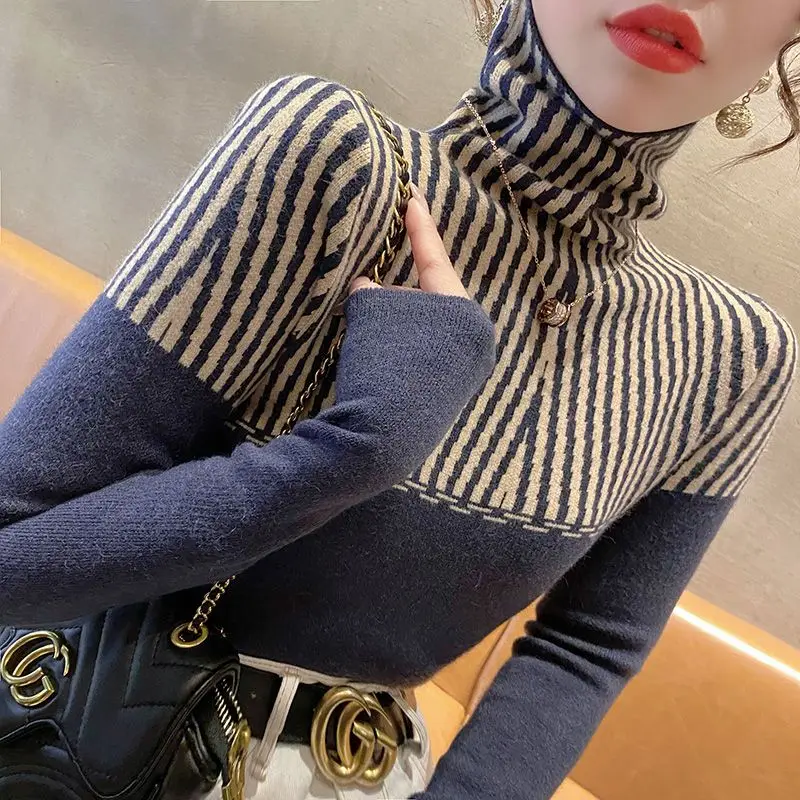 Women's Autumn Winter Korean Commute High Collar Spliced Striped Contrast Color Loose All-match Long Sleeve Sweater Knitted Tops