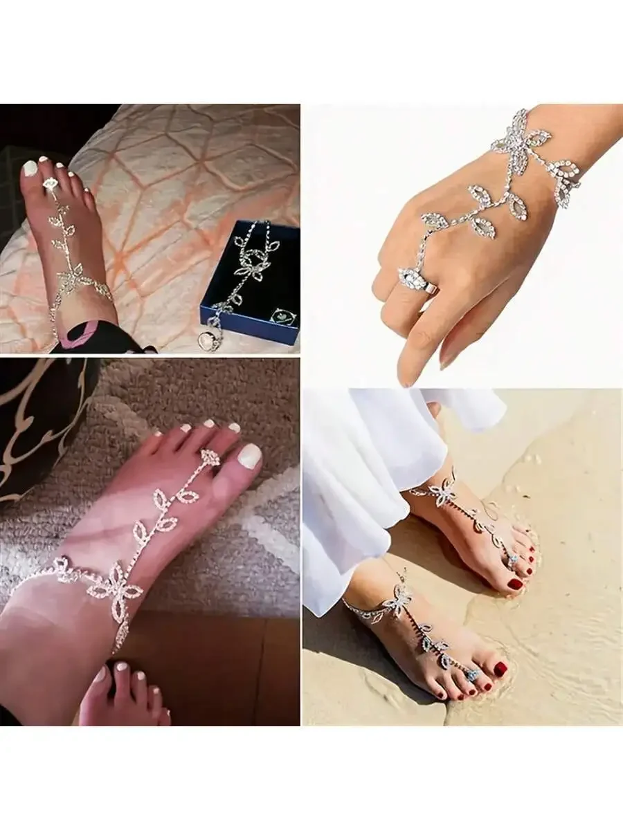 1 Gorgeous Rhinestone Leaf Shaped Toe Chain, Sparkling Bride Ankle Chain Bracelet For Women's Beach Barefoot Accessories