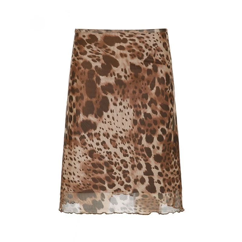 Deeptown Vintage Leopard Print Mid Skirts Women Sexy Elegant Y2k Satin Skirt American Retro Summer A-line Short Skirt Streetwear