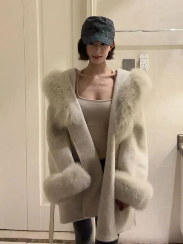 

Корейское шерстяное пальто с поясом, модная верхняя одежда с застежкой на талии для женщин, винтажное свободное длинное пальто све, V-Ne, чистый цвет