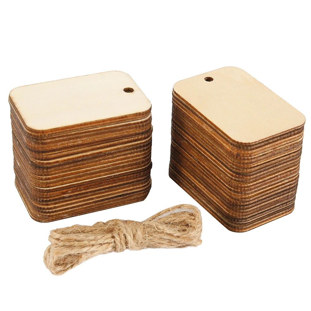 50 قطعة شرائح الخشب بالحبال شرائح سجل مستطيلة غير مكتملة قطع خشبية طبيعية ريفية معلقة حلية لديكور الحرف اليدوية #4