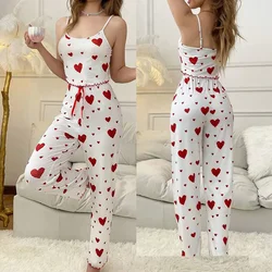 Women Ribbed Pajamas Sets Heart print Cami Vest Trouser Set Two-Pieces Sleepwear Summer Sleeveless Sexy Pajama Pyjamas Nightwear