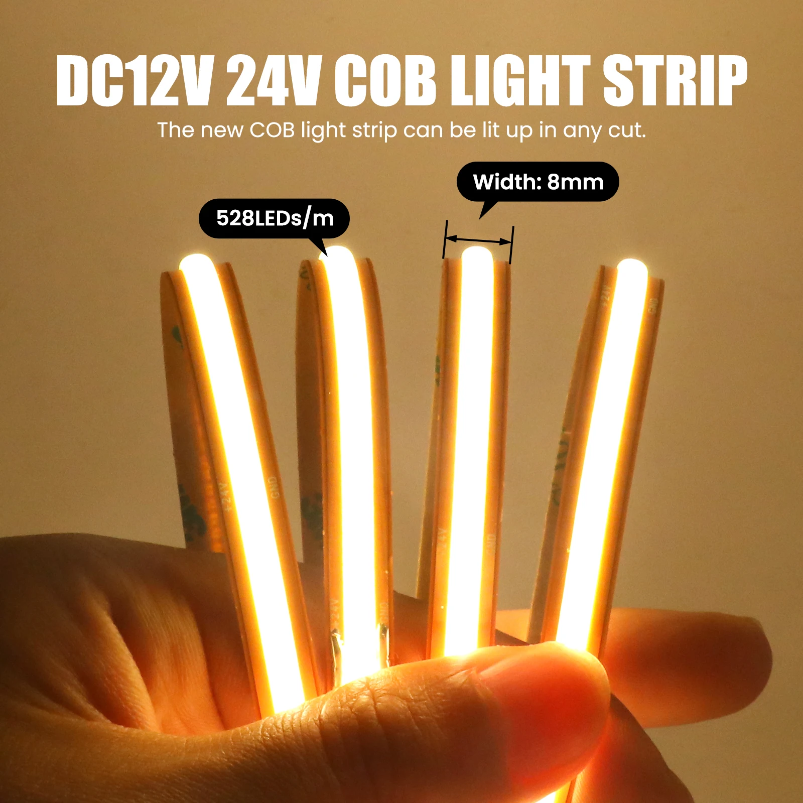 Cuttable 528LEDs/M COB Strip Light Bar 12V 24V 8MM Copper PCB Diode Tape Ribbon 3000K 4000K 6000K White Linear Dimmable Lighting