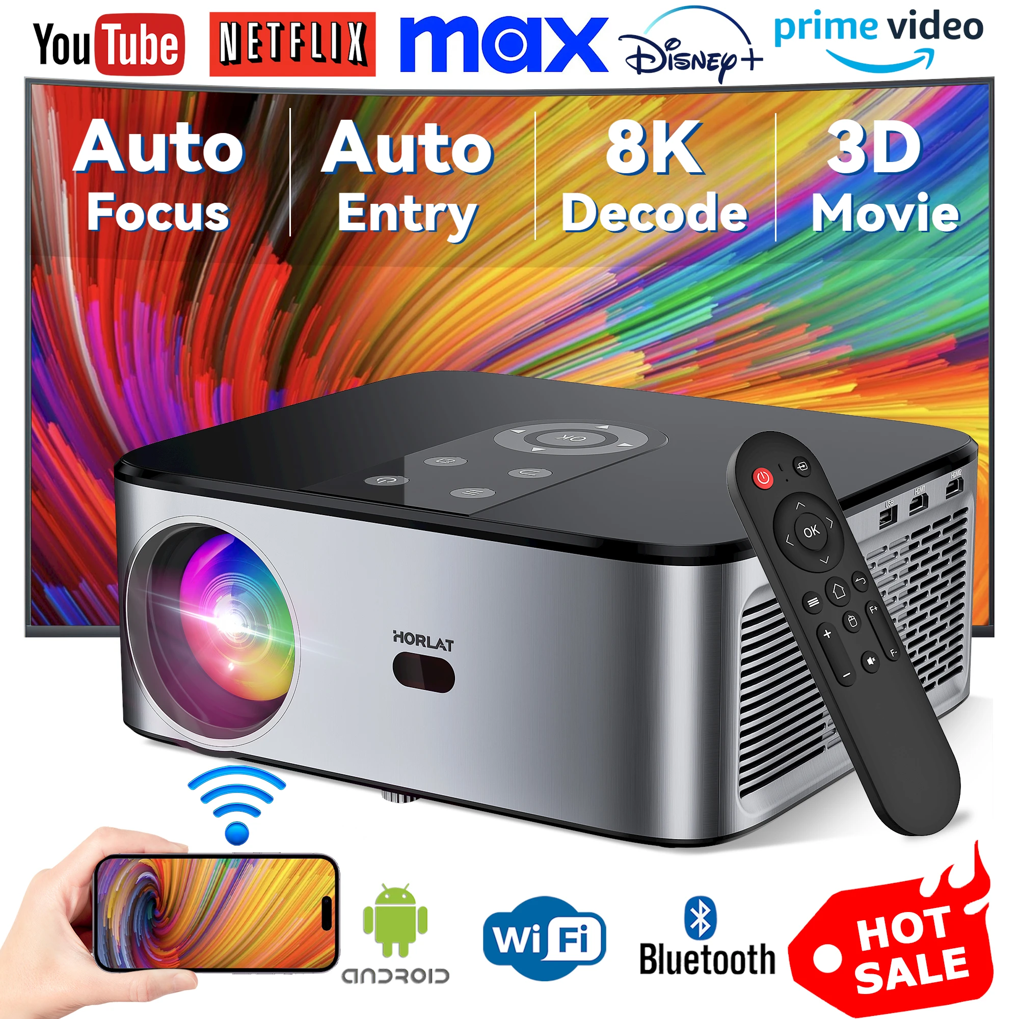 Horlat t03 26000 lúmens android beamer 4k projetor ao ar livre full hd 1080p 8k 3d vídeo áudio home theater foco automático keystone