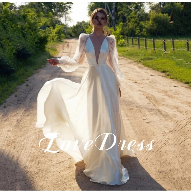 فساتين زفاف دانتيل بوهو LoveDress ، أكمام طويلة منفوخة ، رقبة عميقة على شكل حرف V ، ظهر مفتوح ، ساتان على شكل حرف A ، فساتين زفاف ، مفتوحة من الخلف ،