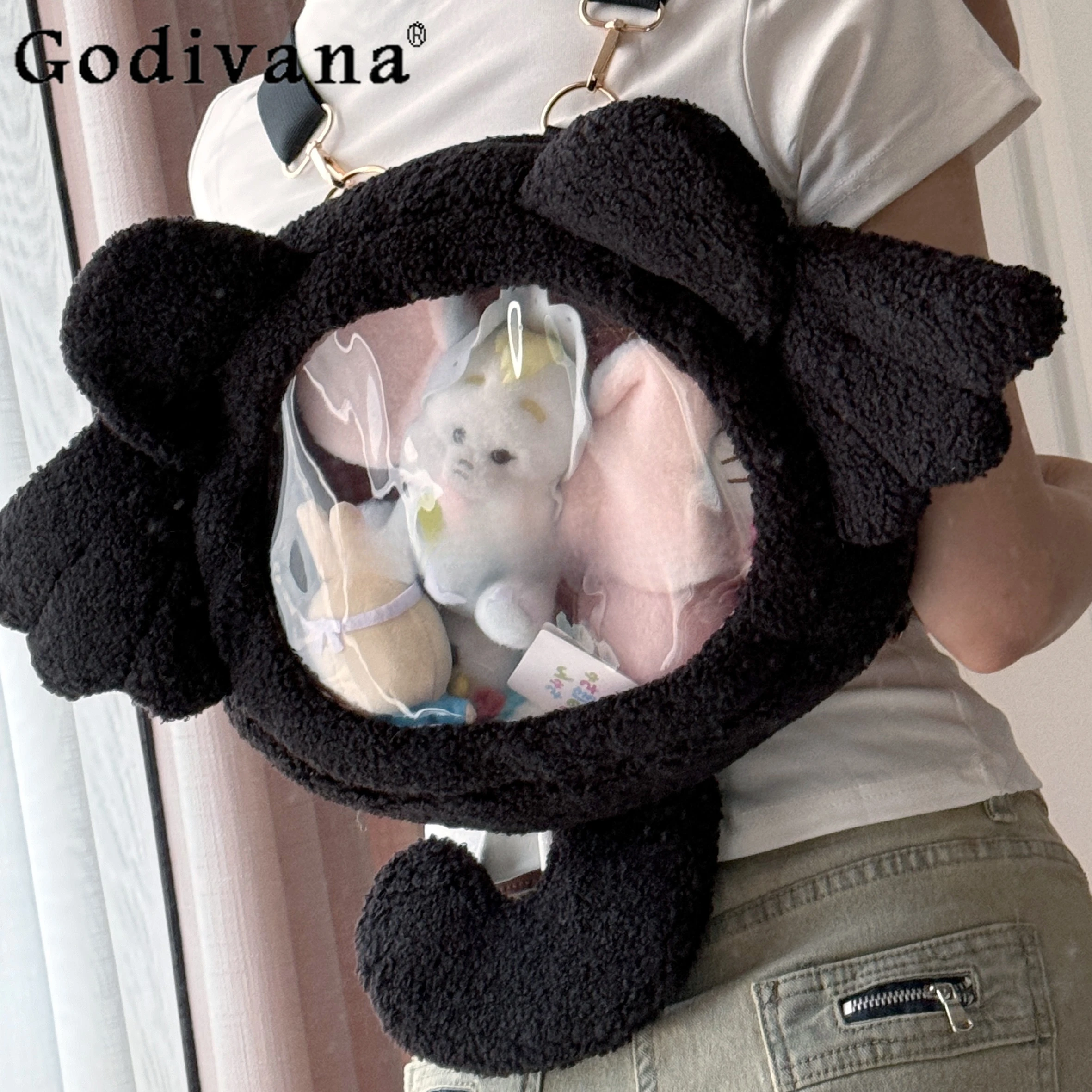 Sweet Cute Subculture Plush Black Backpack Schoolbag Cute Japanese Transparent Versatile Shoulder Bag Itabag