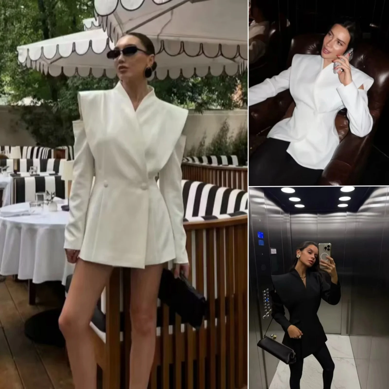 

Spring New Women's Slim Fit Design Hollow out Long Sve Double Breasted Suit Jaet Faionable Commute Sle Polyester Fiber