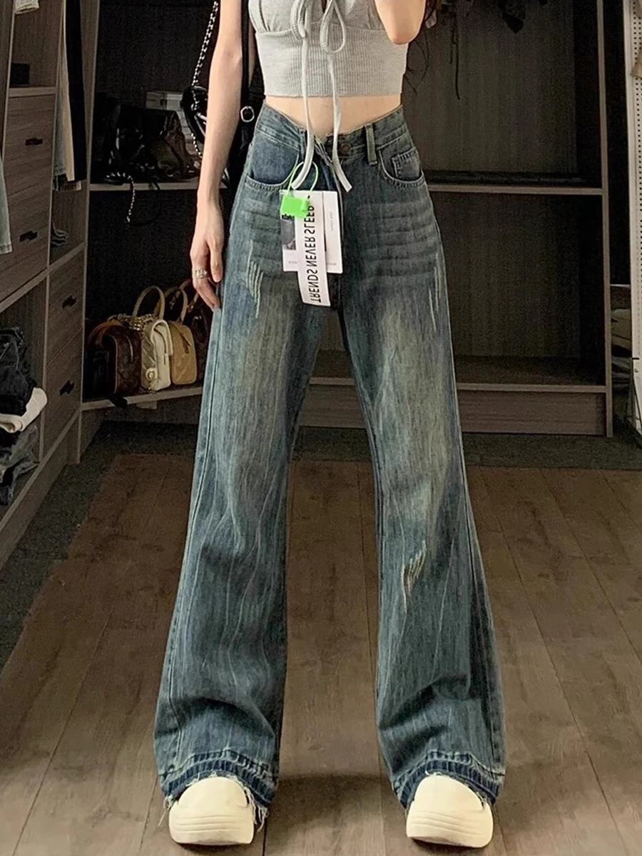 

High Waist Wide Leg Jeans Women's Loose Fit American Retro Bell Bottoms Spring Fashion plus Size Straight Cut Floor Length