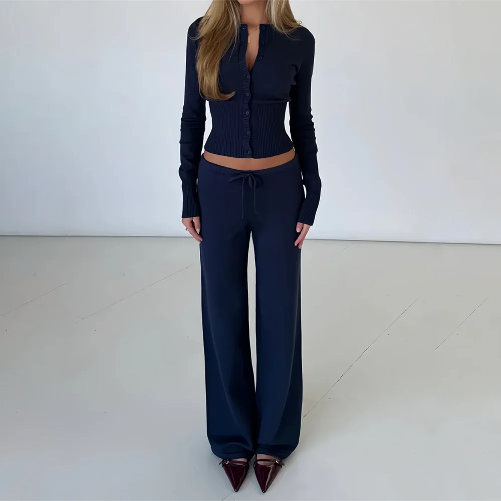 

Absobe Winter Women Knit Cardigan Sweater Top Set Long Sleeve Low Waist Pants 2 Piece Soft Solid Color Fashion Casual Outfit