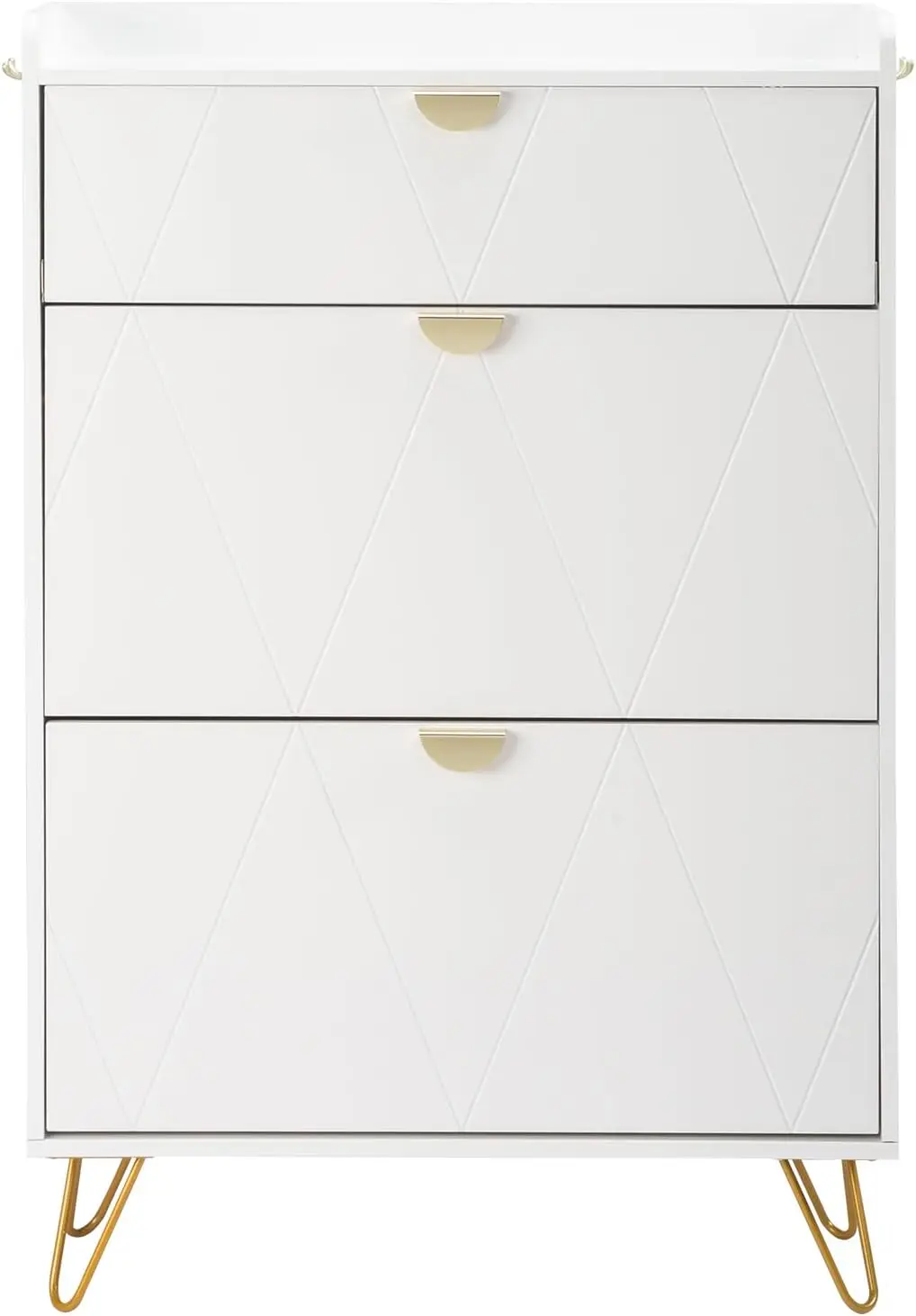 

V-Shaped Carved Door Panel 2 Drawers With Top Flip Drawer Shoe Cabinet Particle Board 80 * 24 * 120Cm White Cabinet + Gold