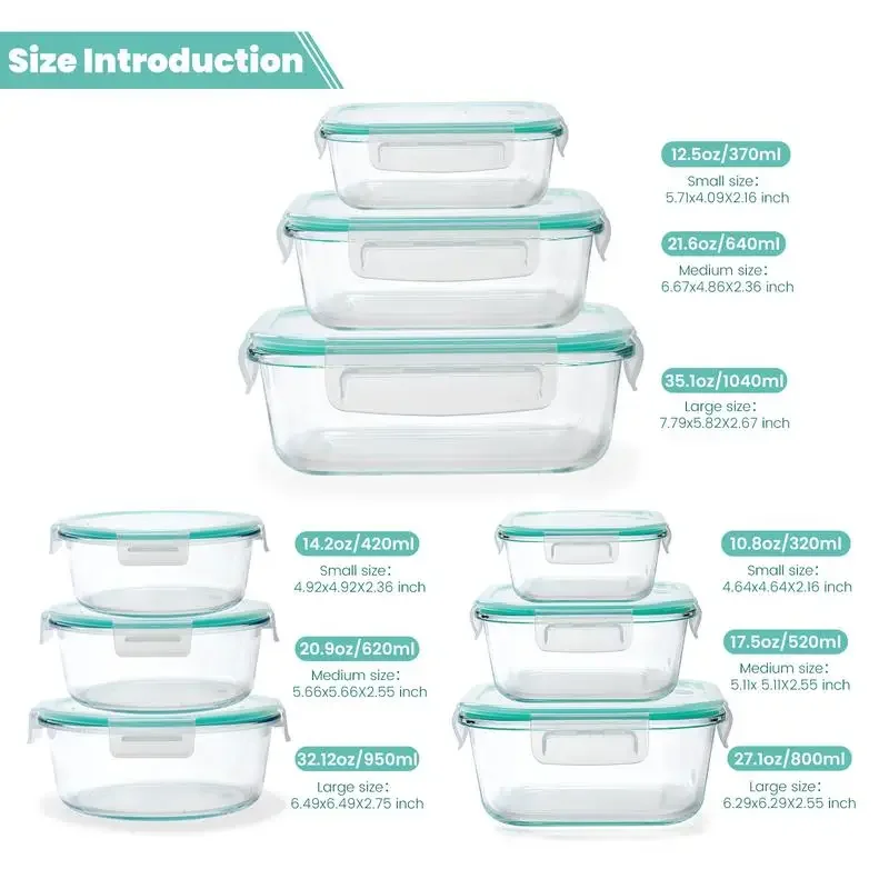 AISOON 18 PCS 9 Packs Glass Food Storage Containers with Lids, Meal Prep Containers for Food Storage , BPA Free & Leak Proof