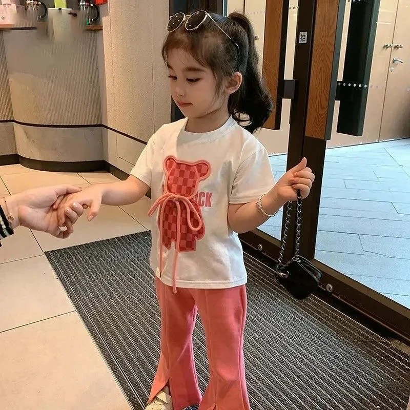 2023 Newest Summer Teens Clothes Set New Sport Bear Print Cotton Crop Top T Shirt + Wide Long Pant Suit Korea Child Tracksuit