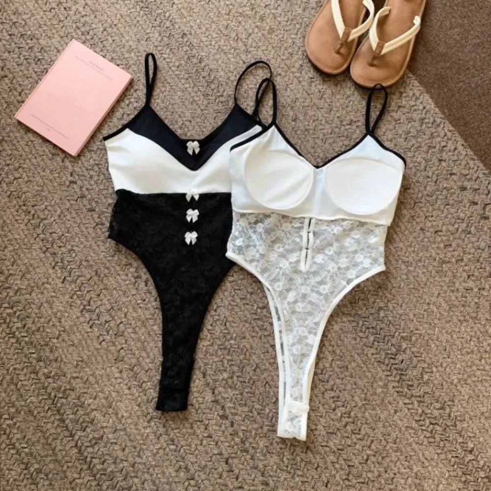 

Nightwear Deep V Neck Lace Bow Bodysuit Transparent Sleeveless Lace Mesh Jumpsuits Hollow Camisole Uniform Women Lingerie Gifts