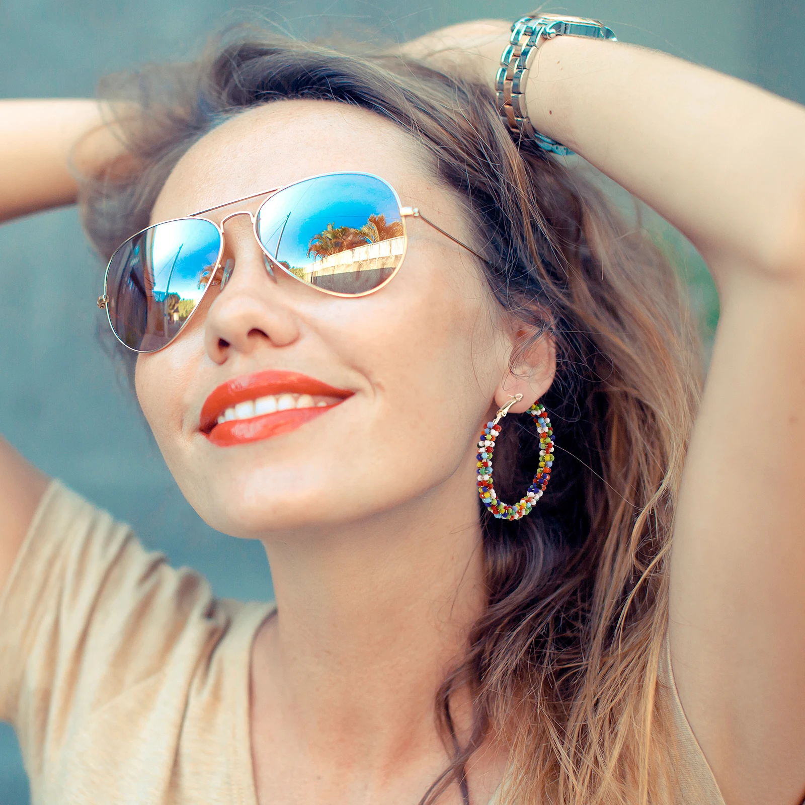 

1 Pair Colorful Bead Earrings Stylish Bohemian Danglers Resin Hoop Jewelry For Women Round Pendant Accessories Festival Gift