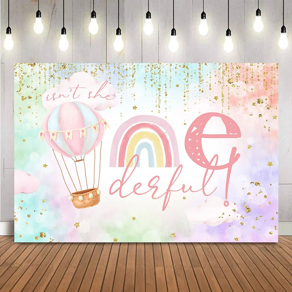 Isn\'t She Onederful Backdrop Boho Rainbow Cloud Happy 1st Birthday Party Backdrop Sweet Girl\'s Birthday Background Golden Dots