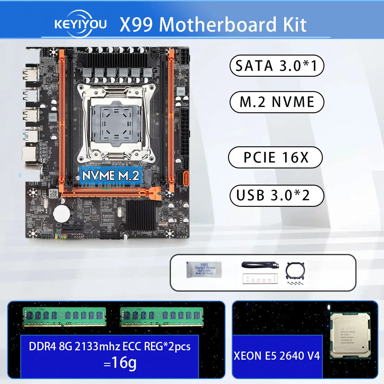 

KEYIYOU X99H D4 Motherboard Kit Xeon V4 With E5 2640 V4 CPU and 16GB DDR4 ECC REG RAM Memory X99 Combo LGA 2011-3 Gaming Set