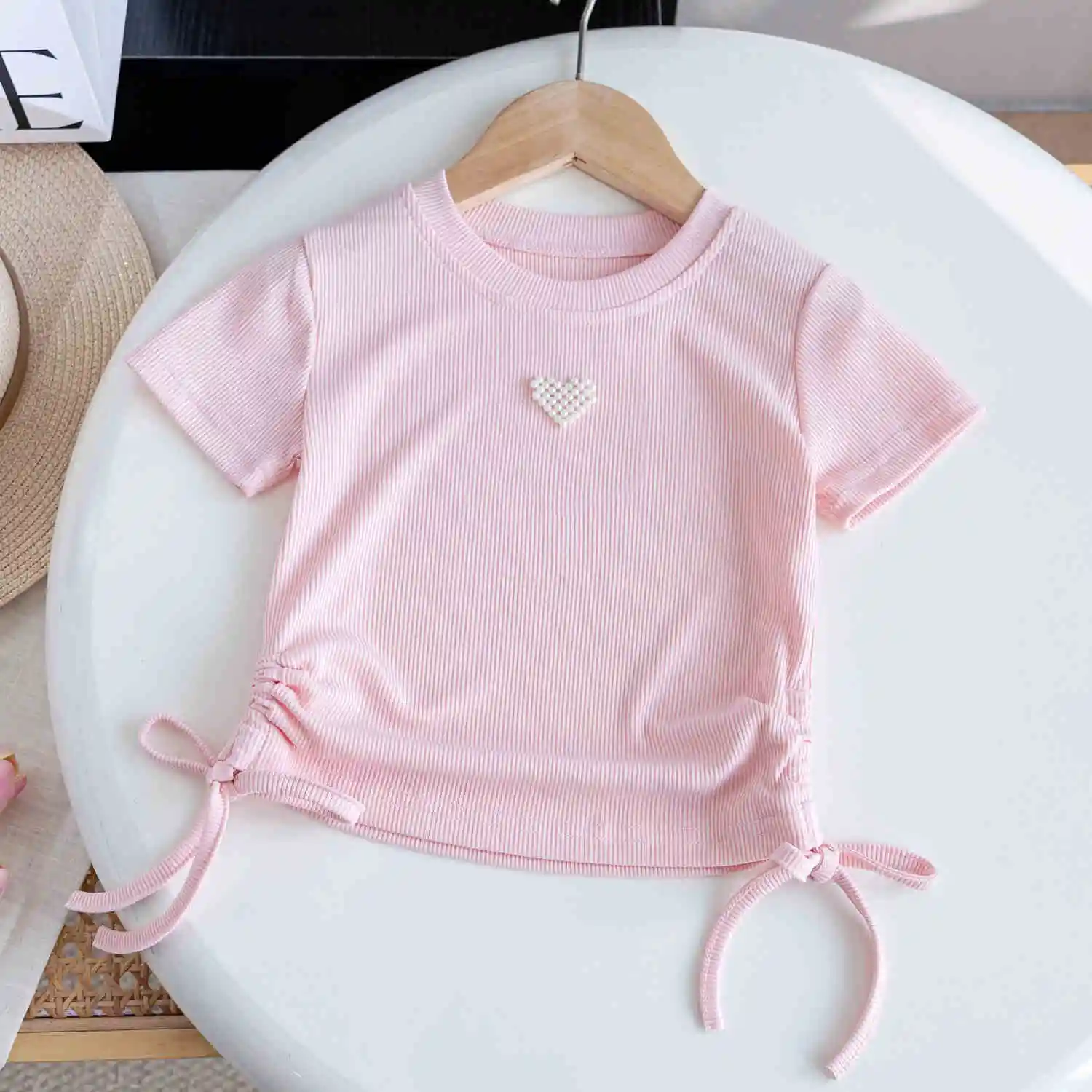 

Girls' Sweet T-shirt 2025 Summer New Thin Breathable Cotton Short Sleeve Korean Baby Girls Pearl Love Drawstring Top