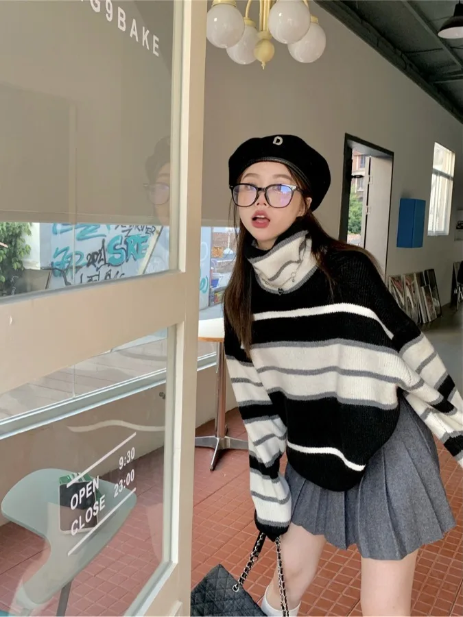 Retro Gestreepte Hoge Kraag Luie Sle Warme Trui Dames Herfst 2025, Nieuwe Casual Losse Ort Gebreide Top Comfortabele Pasvorm