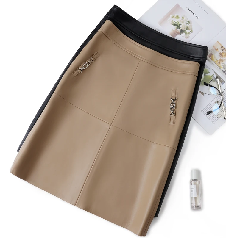 

Женская кожаная юбка Ning с высокой талией из овчины, модная, стройнящая, А-силуэт, осень-зима, новинка