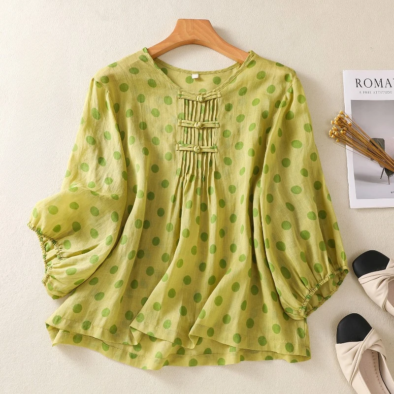 Polka Dots Chiński Styl Bluzki Damskie Letnie Bawełniane Topy Konopie Odzież Vintage Sprzedaż Luźne Koreańskie Koszule Damskie z Krótkim Rękawem