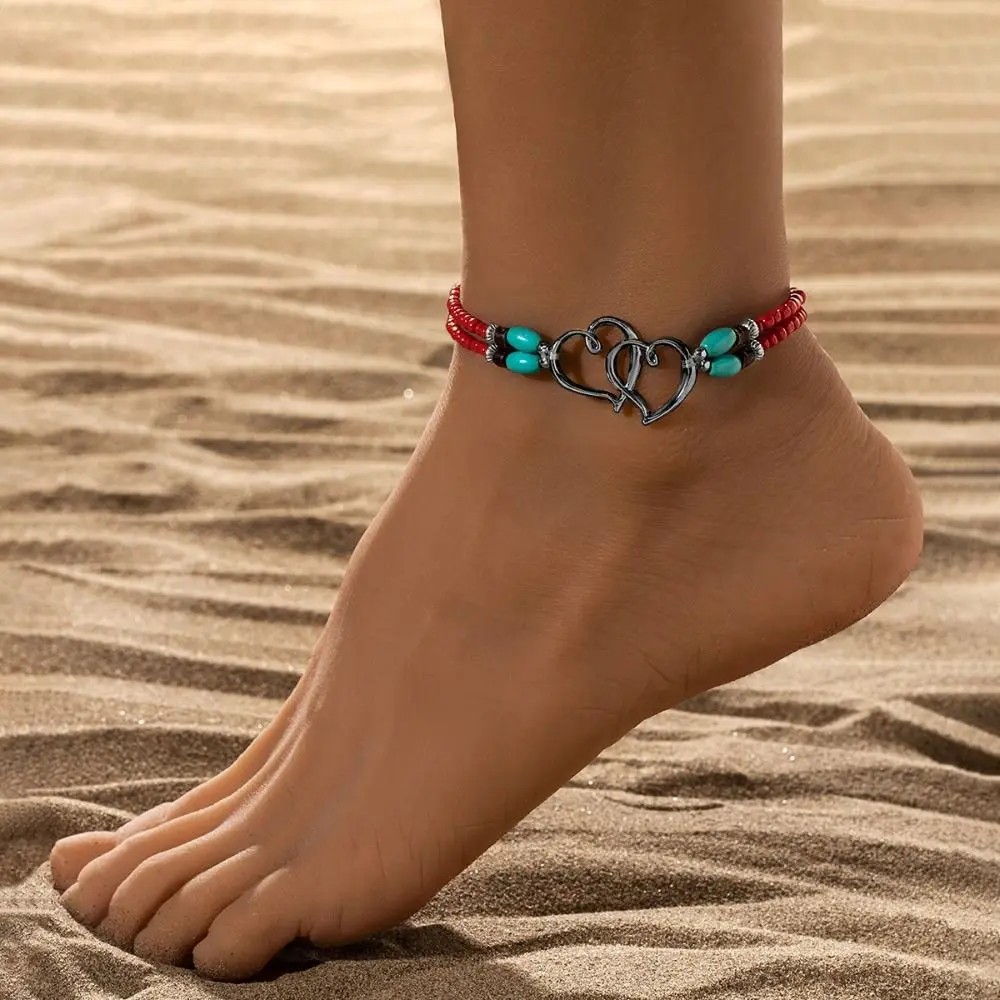 Vintage Double Love Heart Anklets Bohemia Elastic Beads Chain Women Fashion Summer Beach Barefoot Chain Jewelry