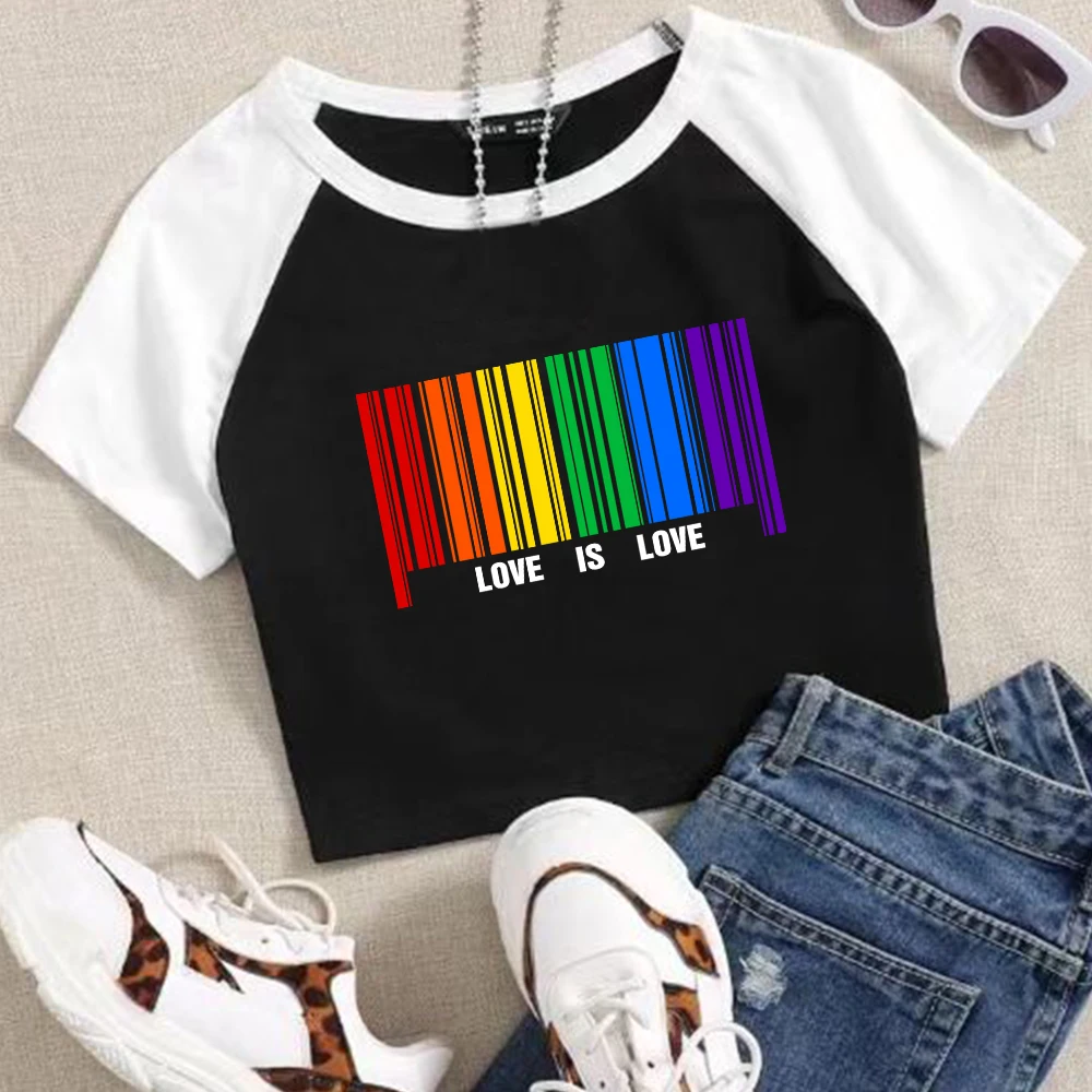 

LGBT Pride Month Love Is Love Barcode Style Crop Shirt O-Neck Navel exposed shirt