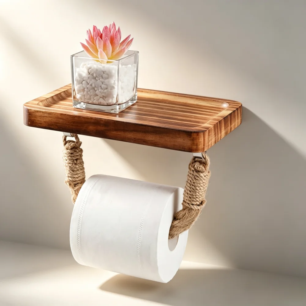 Wall Mount Toilet Paper Holder Space-Saving Rustic Tissue Holder Decorative Easy Install Tissue Roll Storage Rack Beach House