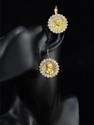 Gold Color Coin Earrings Turkish Style Round Rhinestone Earrings Head Pattern Gold-Plated Lady Earrings Jewelry Gift