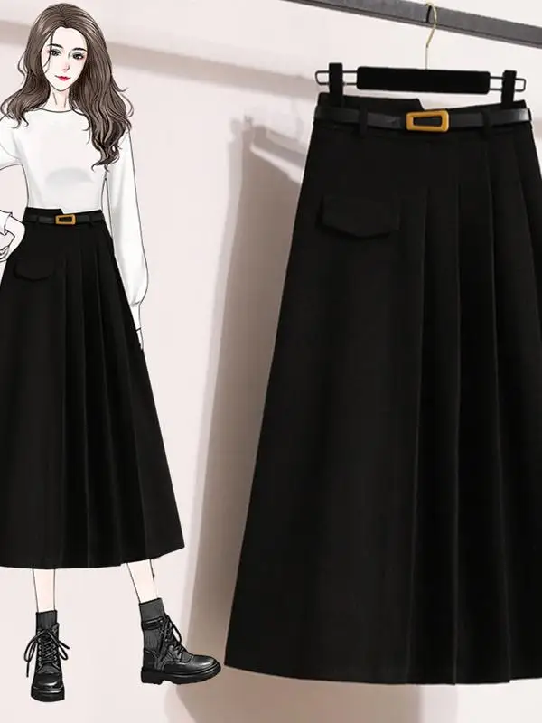 Elegant Black Woolen Suit Skirt Midi Pleated Skirt Korean Style High Waist A-Line Silhouette Single-Breasted Button Design