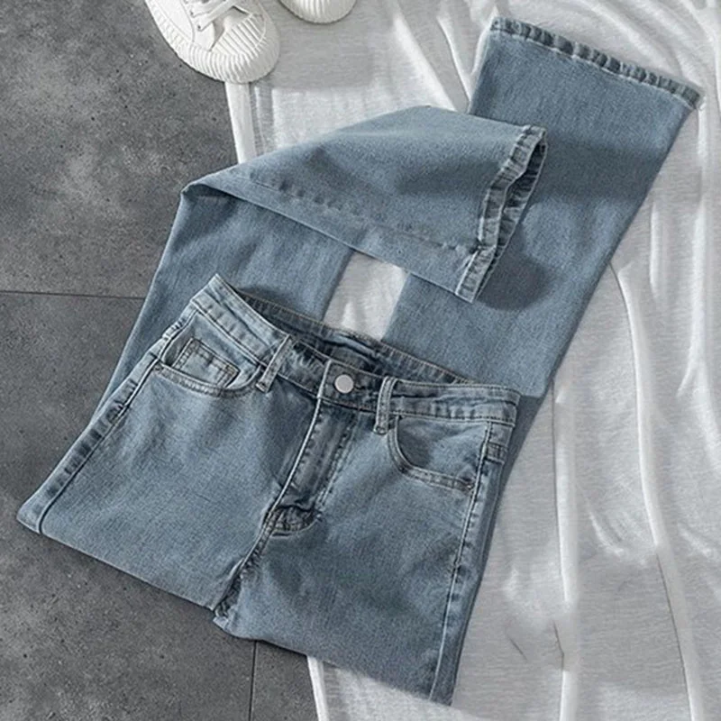 Spring Summer Women Elastic Force Micro Horn Jeans Female Leisure Nine Points Cowboy Trousers New Lady High Waisted Denim Pants