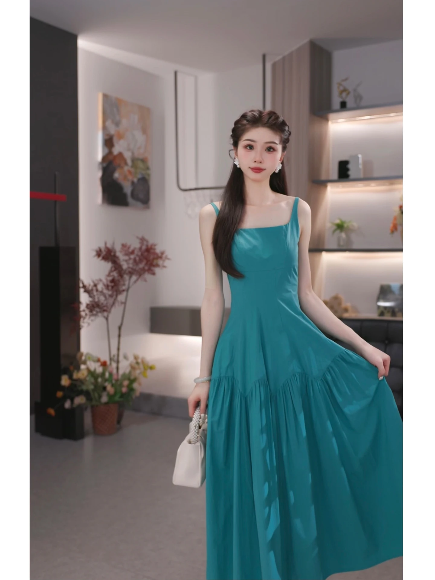 

Синее ретро-платье без бретелек для пляжного отдыха, женское, с завышенной талией, А-силуэт, хлопковое, миди, без рукавов