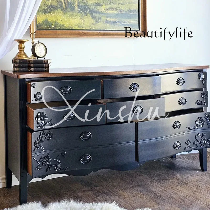 Rr French contrasting color engraved living room solid wood decorative cabinet American retro villa storage storage side cabinet