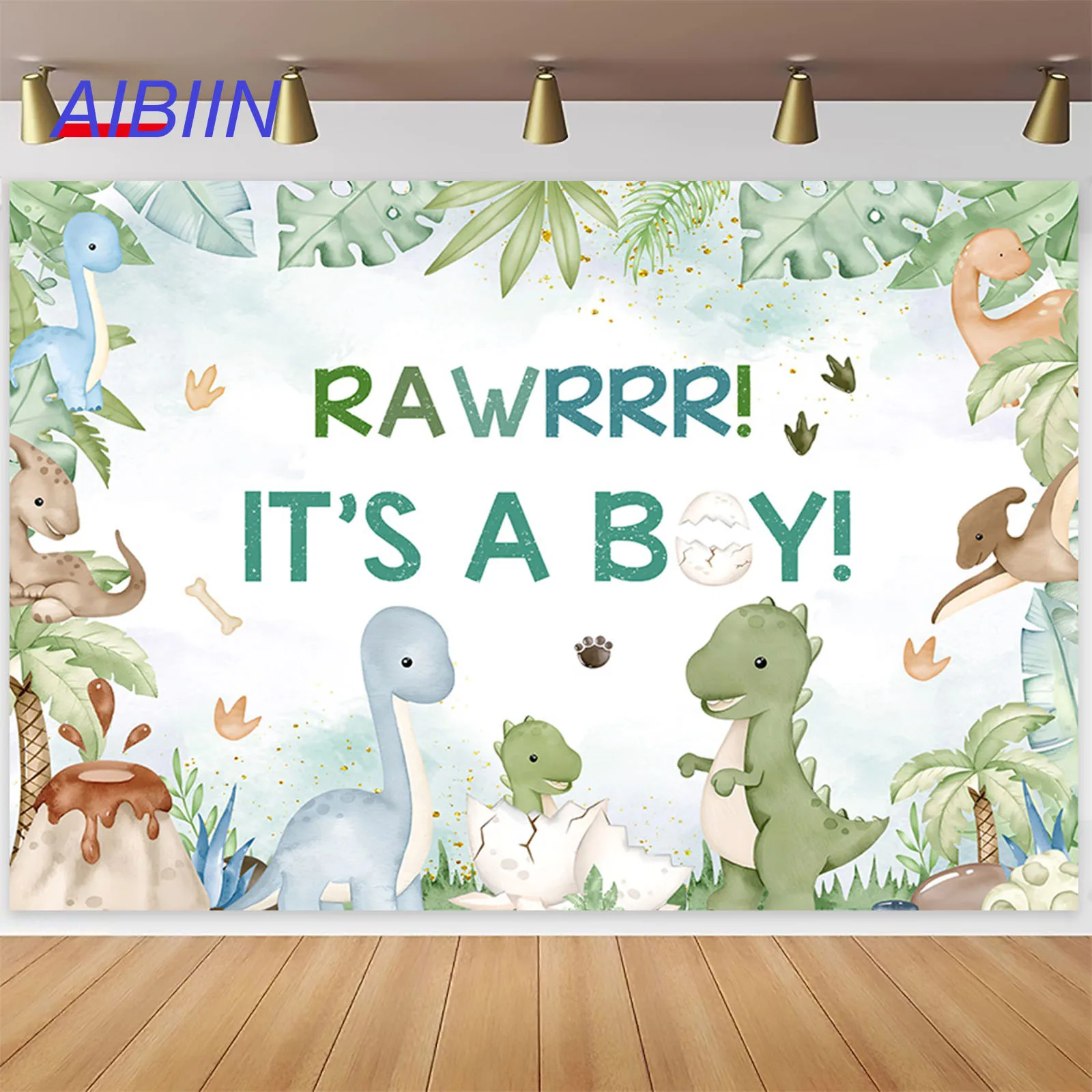 

AIBIIN Dinosaur Gender Reveal Backdrop It's a Boy/Girl Cartoon Jungle Animals Forest Leaves Background Baby Shower Party Decor