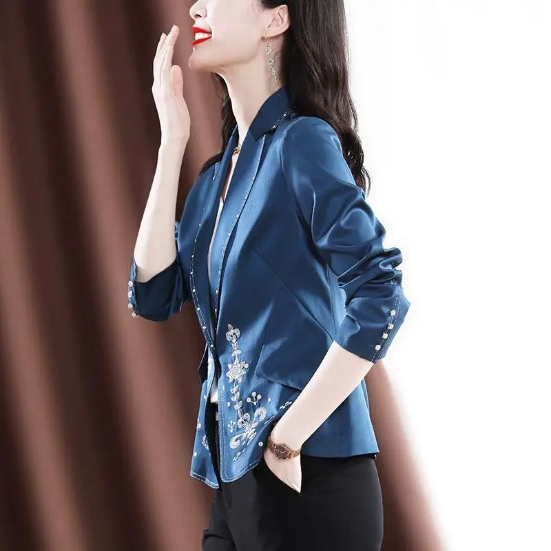 Heavy Industry Embroidery Blazer Jacket Women\'s Spring And Autumn New Temperament Satin Finish Elegant Short Jacket Coat  Blue