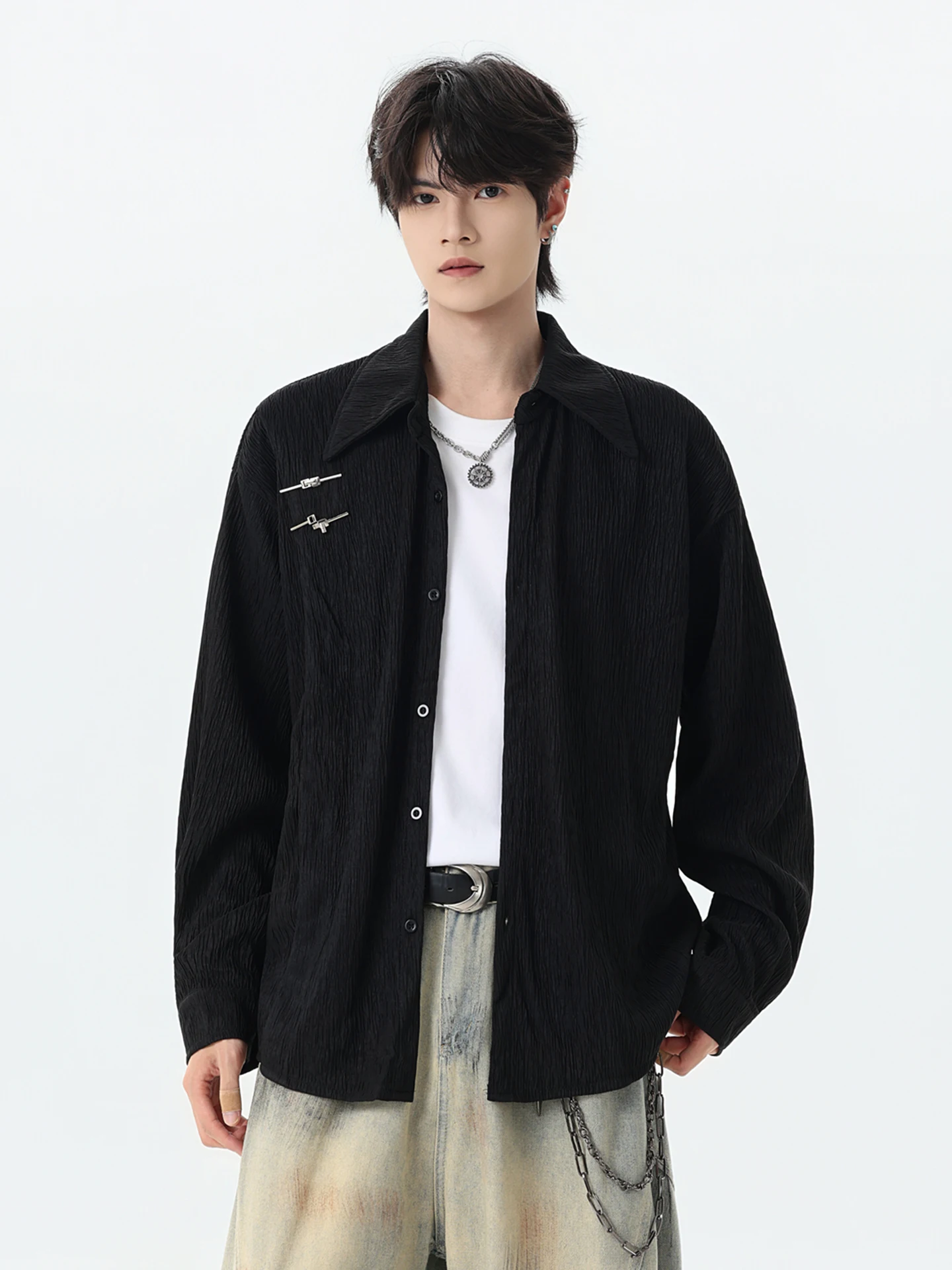 Fall New Chinese Texture Long Sleeve Men's Shirt Cleanfit National Style Metal Buckle Pleated Shirt Jacket Regular Fit Casual...