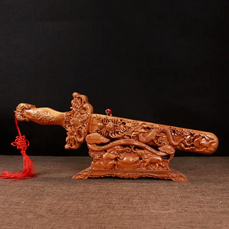 

Китайский меч из персикового дерева фэн-шуй с основанием, традиционное благословение, талисман для лечения зла, защита дома, декоративный орнамент